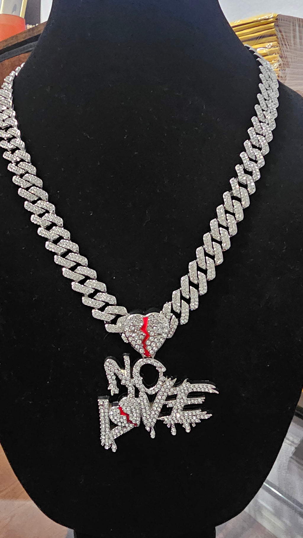 "24" Cuban Chain with Rhinestones and Pendant. "No Love" pendant.