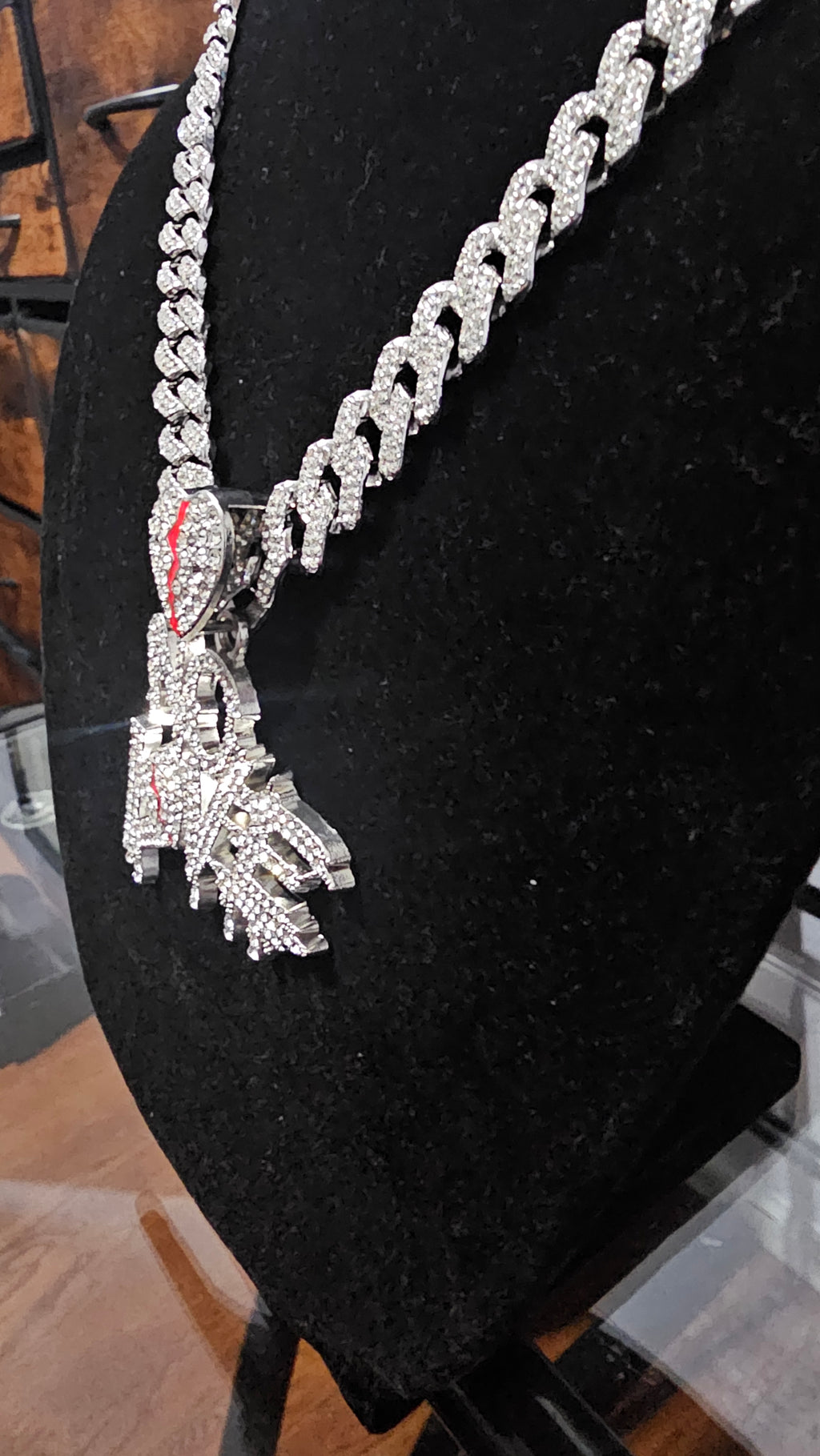 "24" Cuban Chain with Rhinestones and Pendant. "No Love" pendant.