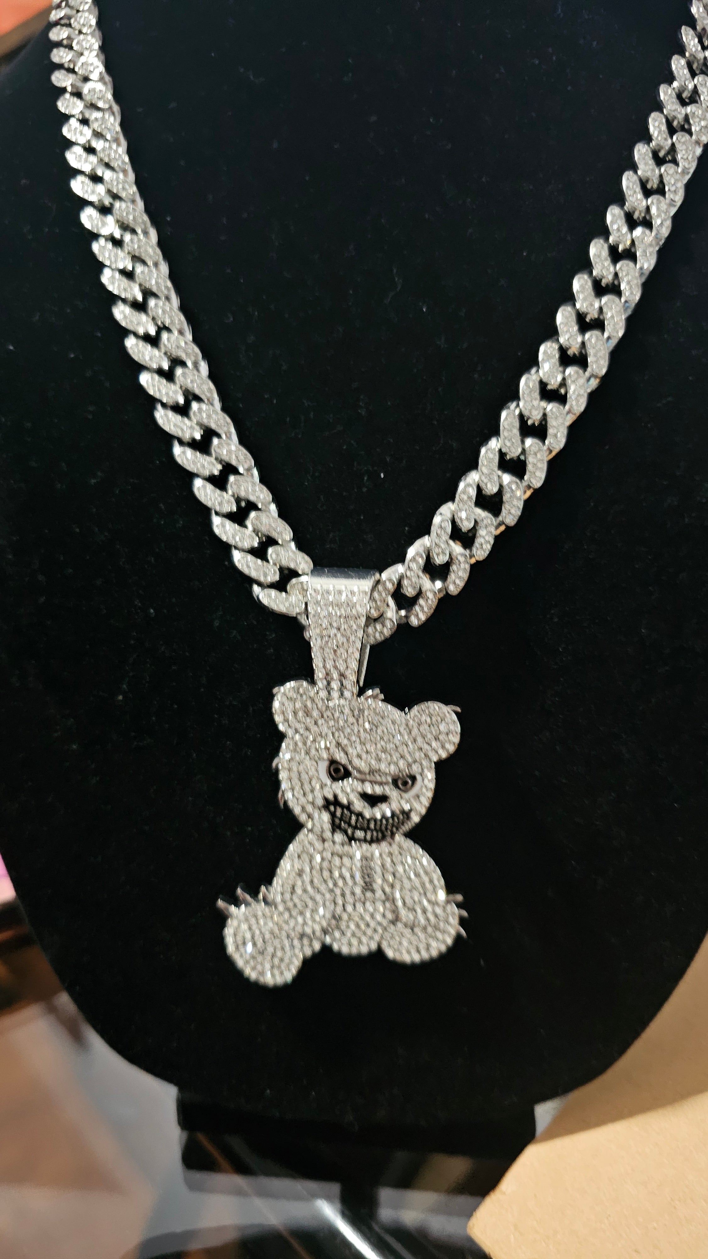 "26-inch Cuban Link Chain with Teddy Bear Pendant.