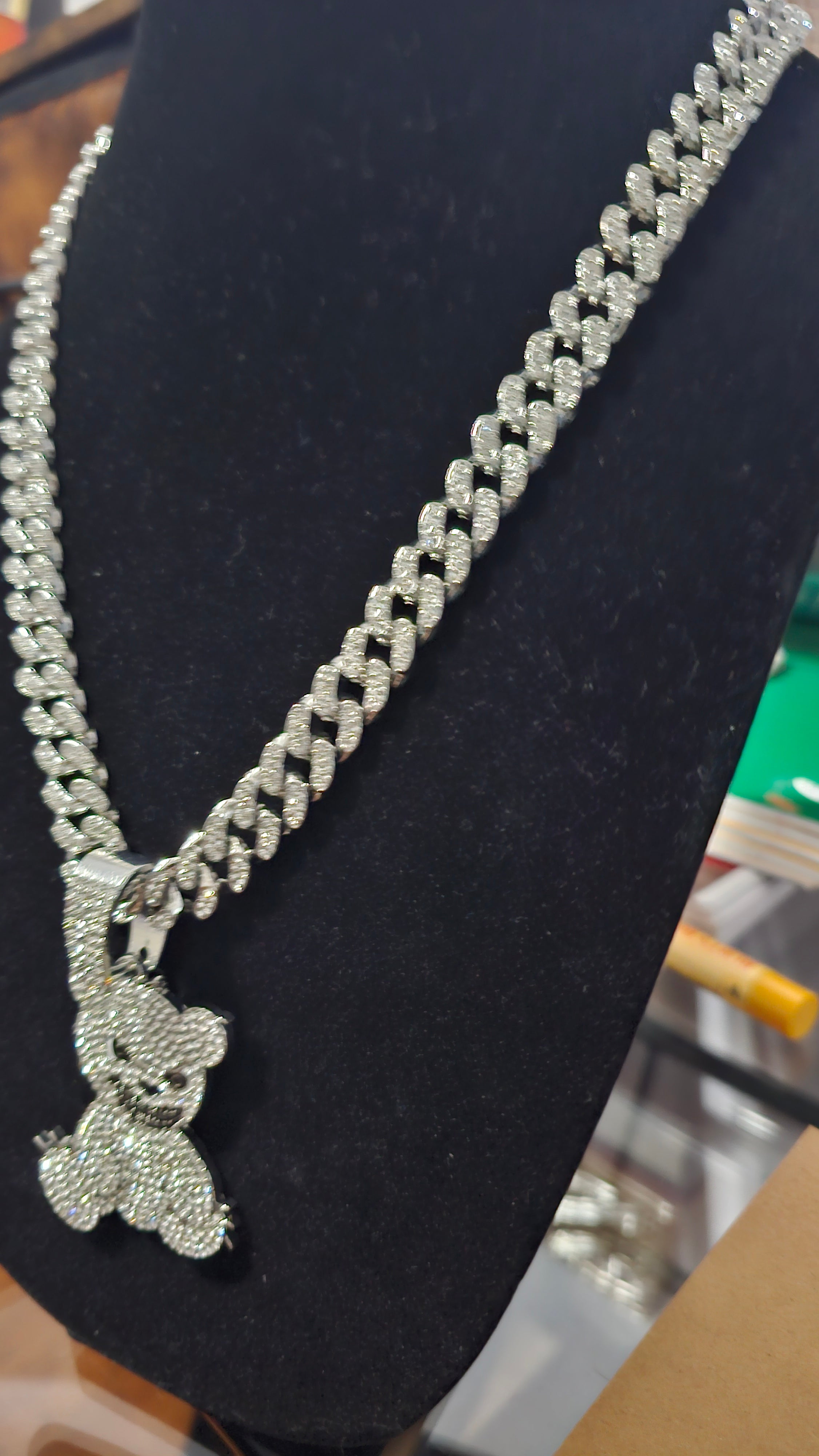 "26-inch Cuban Link Chain with Teddy Bear Pendant.