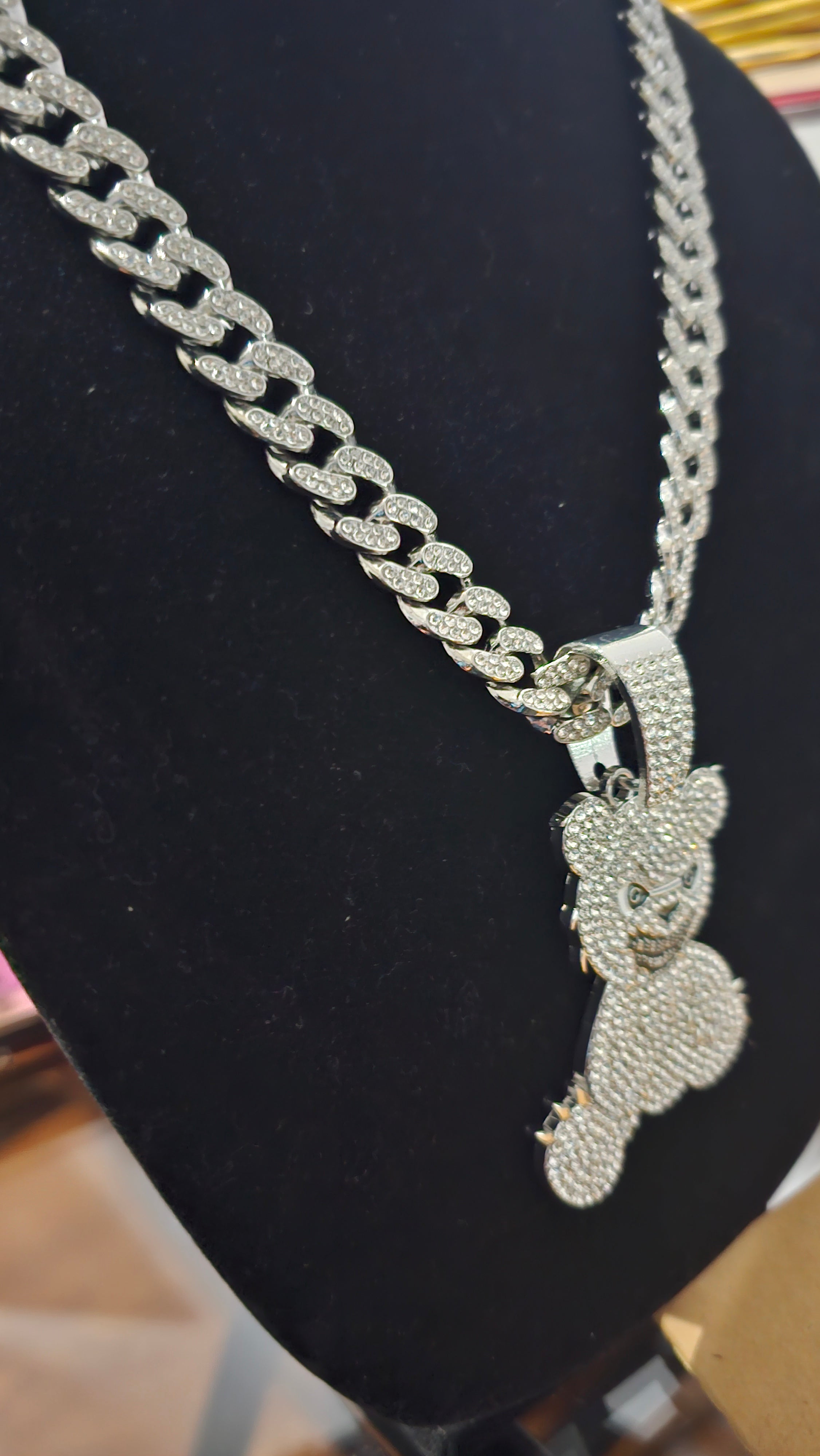 "26-inch Cuban Link Chain with Teddy Bear Pendant.